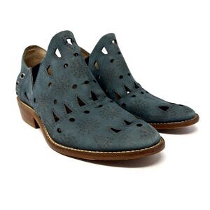 MUSSE & CLOUD Anthro Laser Cut Bootie Womens Size 7 Indigo Blue Suede Leather